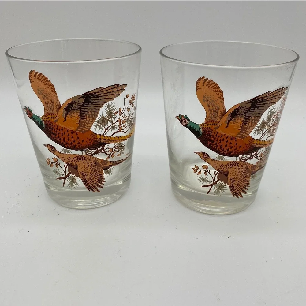Vintage Pheasant Game Bird Drinking Glass Set of 2 Clear Tapered MCM Barware